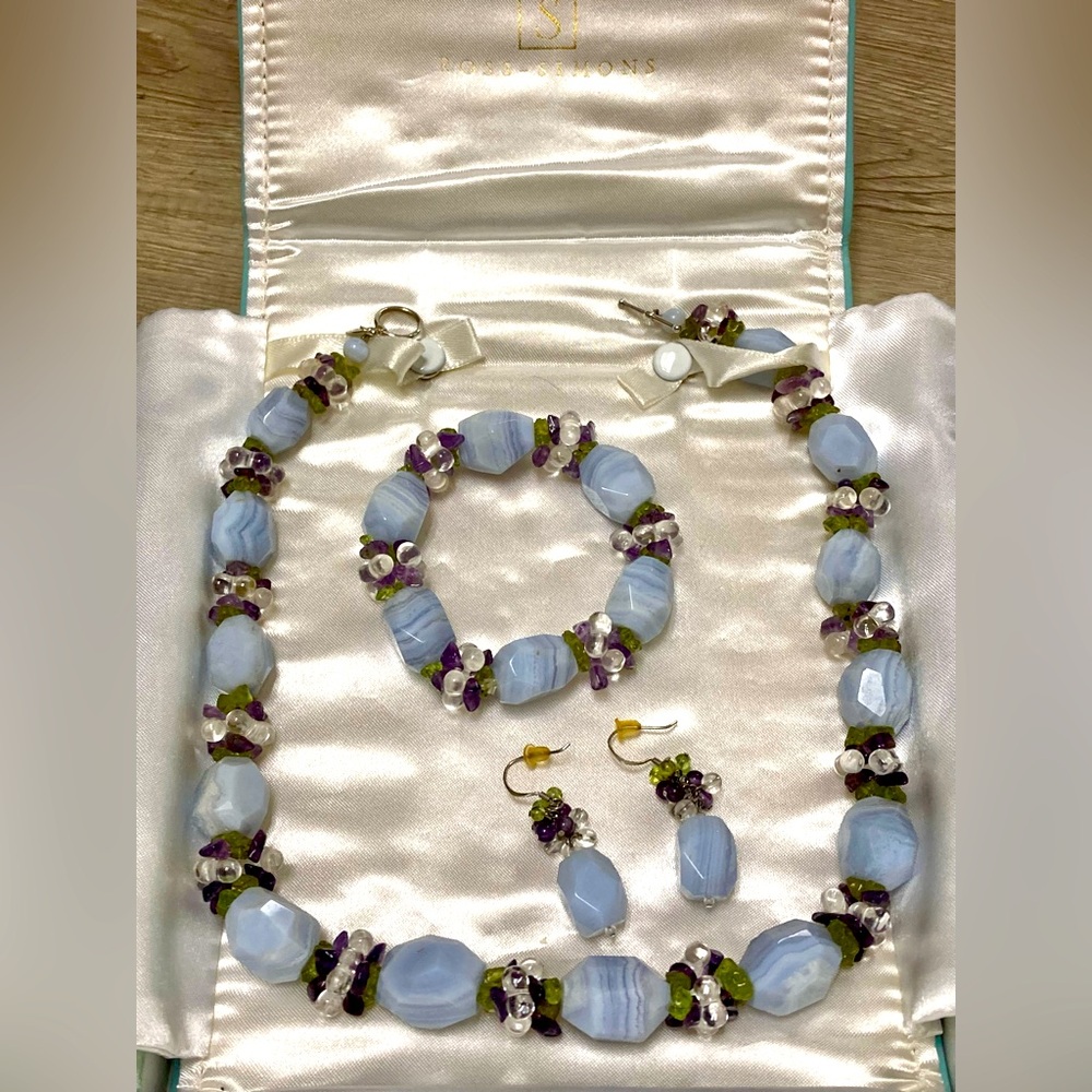 Ross Simons Blue Agate, Amethyst And Peridot Sterling Necklace,bracelet, Earring